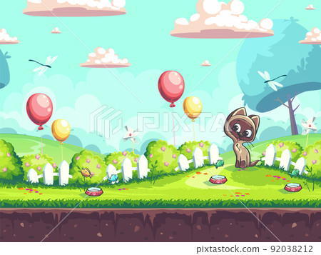 Cute brain cat on green lawn with white fences and balloons Cute brain cat on green lawn with white fences and balloons 92038212