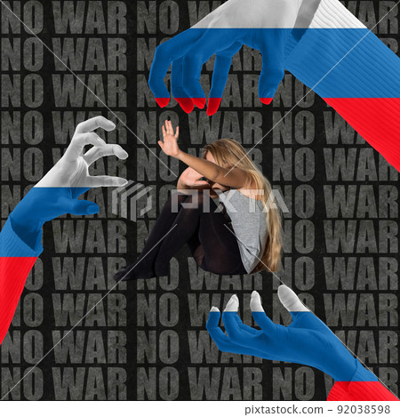 Conceptual collage with little scared child in fear and huge hands painted in white-blue-red colors isolated over dark background with lettering. Stop war in Ukraine concept 92038598