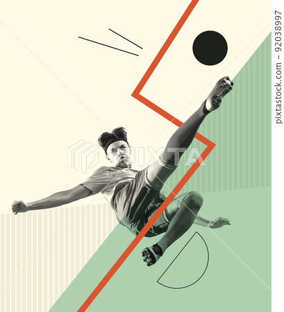 Contemporary art collage. Creative design with young man, football player in motion, training. Kicking ball 92038997