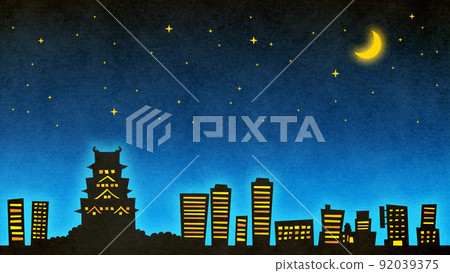 Illustration: Osaka Castle and townscape silhouette at night Illustration: Osaka Castle and townscape silhouette at night 92039375