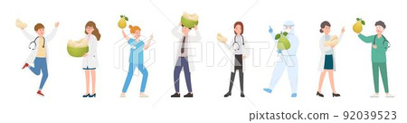 Male and female team of paramedics or doctors or scientists or medical specialists with pomelo, celebrating mid-autumn festival 92039523