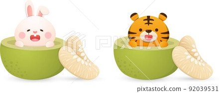 Rabbit and tiger mascot characters and mid-autumn festival fruit: pomelo, cute and playful cute, vector cartoon style 92039531