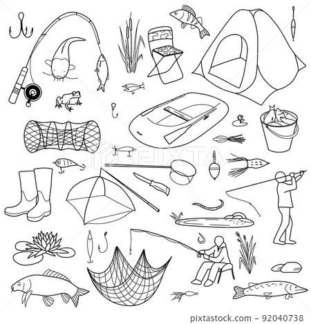 contour drawings, fishing elements set and for the fisherman 92040738
