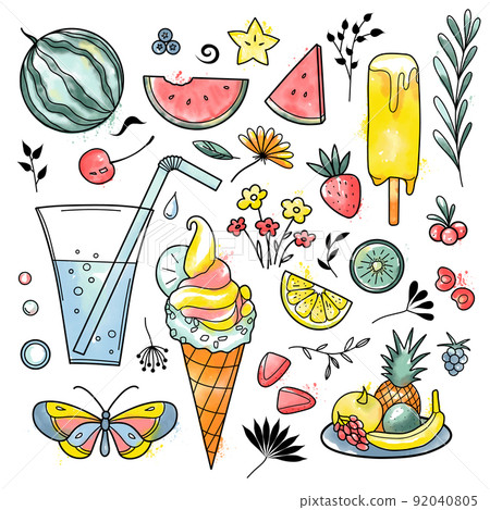 watercolor drawings, a set of summer sweets and flowers watercolor drawings, a set of summer sweets and flowers 92040805