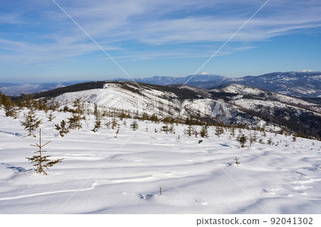 White panorama at Silesian Beskid on european Bialy Krzyz in Poland 92041302