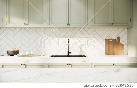 Kitchen room interior design and decoration with mable countertop and buit in light green cabinets. 3d rendering close up modern room interior. Kitchen room interior design and decoration with mable countertop and buit in light green cabinets. 3d rendering close up modern room interior. 92041535