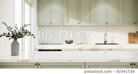 3d rendering kitchen room interior design and decoration in modern style built in marble island countertop and light green cabinets 3d rendering kitchen room interior design and decoration in modern style built in marble island countertop and light green cabinets 92041536