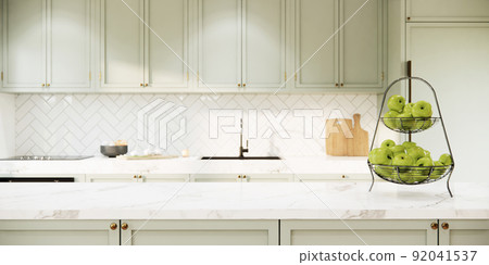 3d rendering mockup light green kitchen room interior design and decoration with built in marble countertop and green cabinets, sink and faucet, electric stove. 3d rendering mockup light green kitchen room interior design and decoration with built in marble countertop and green cabinets, sink and faucet, electric stove. 92041537