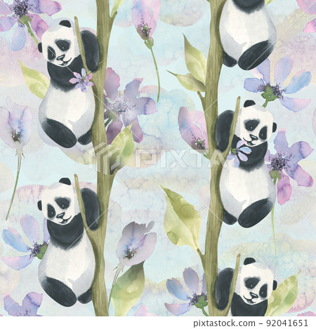 Watercolor illustration of a seamless drawing of a baby panda crawling on a tree with delicate lilac. Cute, childish. For prints, wallpapers, stickers, postcards, clothing, textiles, fabric, paper. Watercolor illustration of a seamless drawing of a baby panda crawling on a tree with delicate lilac. Cute, childish. For prints, wallpapers, stickers, postcards, clothing, textiles, fabric, paper. 92041651