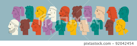 Different faces of people in profile. Cute unrealistic faces of men and women of different skin colors and with a variety of hairstyles. Web banner social. 92042454