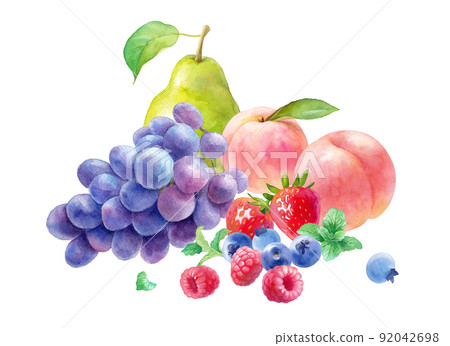 Watercolor illustration of 3 kinds of fresh berries (raspberry, strawberry, blueberry) and peach, grape and pear. 92042698