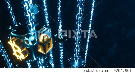 3d rendering glowing cube with chain, bitcoin currency symbol and padlock on dark background. Concept blockchain technology and cryptocurrency illustration. 92042901