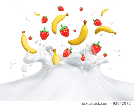 Fresh fruits falling into the milky splash milk 3d rendering Fresh fruits falling into the milky splash milk 3d rendering 92042972