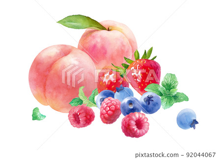 Watercolor illustration of 3 kinds of fresh berries and peaches. A collection of raspberries, strawberries, blueberries, mint and peaches Watercolor illustration of 3 kinds of fresh berries and peaches. A collection of raspberries, strawberries, blueberries, mint and peaches 92044067