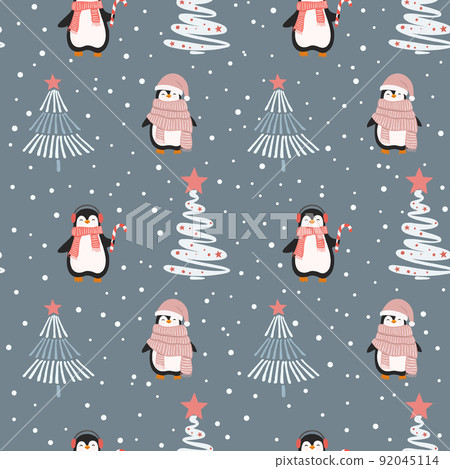 Christmas seamless pattern with cute cartoon penguins end christmas tree. 92045114