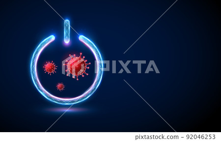 Abstract red virus flying in blue power button 92046253