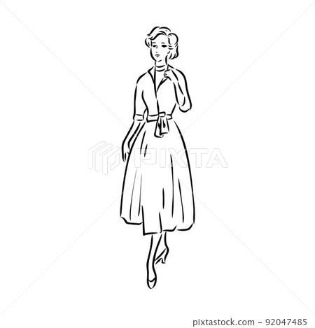 Black and white retro fashion model in sketch style. Hand drawn vector illustration Black and white retro fashion model in sketch style. Hand drawn vector illustration 92047485
