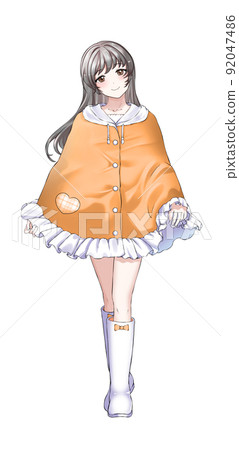 [Natural hair color] Girl in charge of long hair orange wearing a poncho 92047486