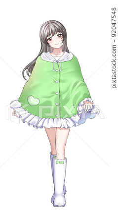 [Natural hair color] Girl in charge of long hair green wearing a poncho 92047548