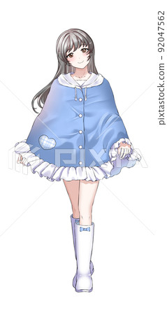 [Natural hair color] Girl in charge of long hair blue wearing a poncho 92047562