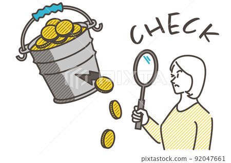 檢查浪費性支出並審查家庭支出的家庭主婦[矢量插圖素材] 92047661