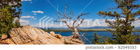 High angle view of the Jenny lake landscape of the Grand Teton National Park High angle view of the Jenny lake landscape of the Grand Teton National Park 92049383