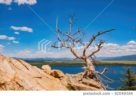 High angle view of the Jenny lake landscape of the Grand Teton National Park High angle view of the Jenny lake landscape of the Grand Teton National Park 92049384