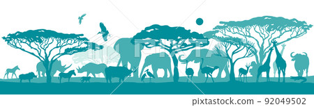 African blue landscape with animals. Vector illustration 92049502