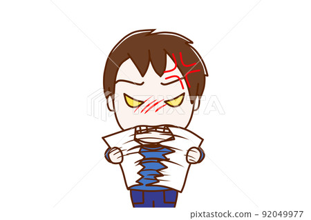 (Front of upper body) A boy who is angry and tears the paper he has in half (Front of upper body) A boy who is angry and tears the paper he has in half 92049977