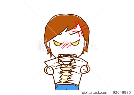 (Front of upper body) A white man who is angry and tears the paper he has in half (Front of upper body) A white man who is angry and tears the paper he has in half 92049980