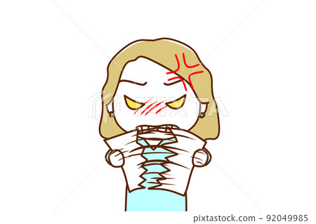 (Front of upper body) A white woman who is angry and tears the paper she has in half (Front of upper body) A white woman who is angry and tears the paper she has in half 92049985