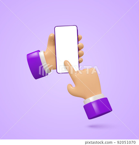 3d hand with phone. Template, mockup with white blank screen. Vector illustration. 92051070