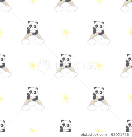 Panda Seamless Pattern Background, Happy cute panda flying in the sky between clouds and star 92051736