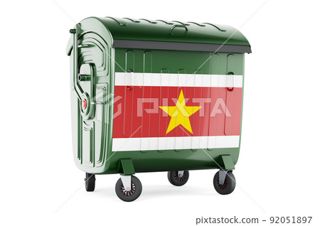 Garbage container with Surinamese flag, 3D rendering Garbage container with Surinamese flag, 3D rendering 92051897