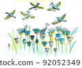 Egyptian illustration with birds and lilies, Egyptian floral design.  92052349