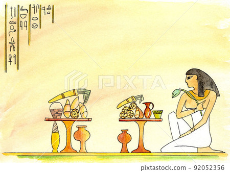 Egyptian woman at the festive table, painted in watercolor on papyrus. Egyptian woman at the festive table, painted in watercolor on papyrus. 92052356