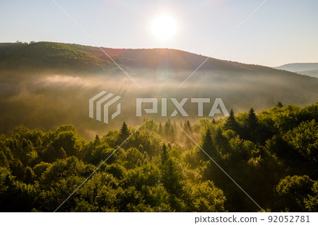 Aerial view of bright foggy morning over dark forest trees at warm summer sunrise. Beautiful scenery of wild woodland at dawn. Aerial view of bright foggy morning over dark forest trees at warm summer sunrise. Beautiful scenery of wild woodland at dawn. 92052781