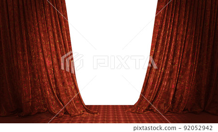 Realistic 3D illustration of the stylish and fancy textured opened red stage curtain with red silk carpet floor rendered as background Realistic 3D illustration of the stylish and fancy textured opened red stage curtain with red silk carpet floor rendered as background 92052942