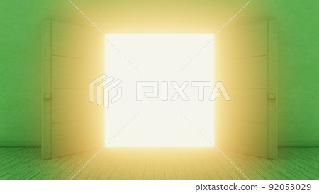 Realistic 3D illustration of the doors in a cozy green room opened to the shining morning sun Realistic 3D illustration of the doors in a cozy green room opened to the shining morning sun 92053029