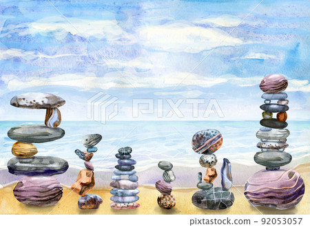 Watercolor hand-drawn landscape with stacks of flat pebbles and ocean Watercolor hand-drawn landscape with stacks of flat pebbles and ocean 92053057