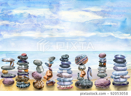 Watercolor hand-drawn landscape with stacks of flat pebbles and ocean Watercolor hand-drawn landscape with stacks of flat pebbles and ocean 92053058