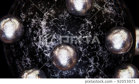 Realistic 3D illustration of the black marble or granite sphere with rolling small textured stainless steel silver metallic spheres as satellites rendered as background 92053071