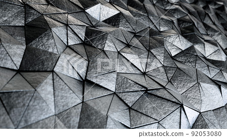 Realistic DOF camera 3D illustration of the shiny silver metallic textured triangles pattern rendered as background 92053080