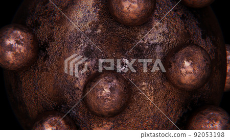 Realistic 3D illustration of the corroded metal rusty sphere with orbital rolling small weathered metal spheres as satellites rendered as background 92053198