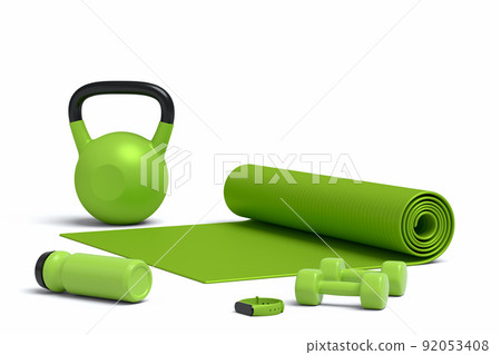 Isometric view of sport equipment like yoga mat, bottle and smart watches 92053408