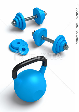 Isometric view of sport equipment like kettlebell, dumbbell and AB roller 92053409