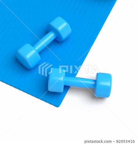 Isometric view of sport equipment like yoga mat and dumbbell on white 92053410
