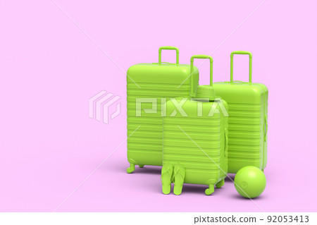 Suitcase with beach ball and flip flops on monochrome pink background. 92053413