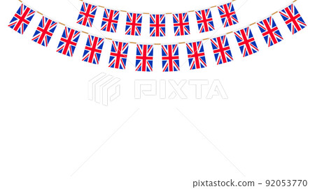 UK flag garland. Union Jack pennants chain. British party bunting decoration. Great Britain flags for celebration. Footer and banner background. 92053770
