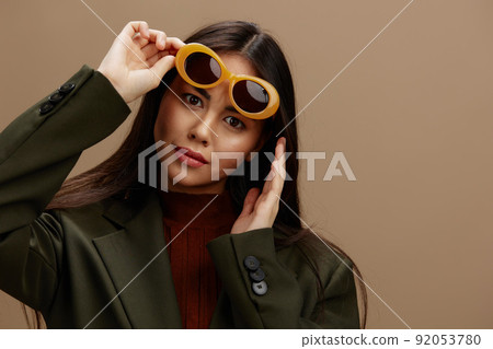 portrait woman stylish clothes fashion glasses charm studio model portrait woman stylish clothes fashion glasses charm studio model 92053780